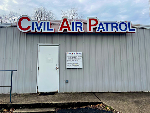 Morgantown, West Virginia, USA - January 16, 2023: Close-up view of the entrance to a Civil Air Patrol building adjacent to the terminal at Morgantown Municipal Airport at Walter J. Hart Field.