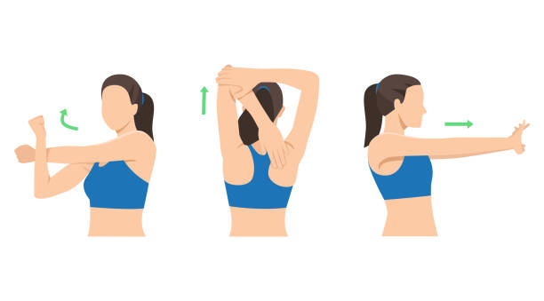 illustrazioni stock, clip art, cartoni animati e icone di tendenza di postura di stretching della donna per il trattamento dei dolori alla spalla, al braccio, al collo e alla schiena. illustrazione vettoriale piatta isolata su sfondo bianco - exercising sport cartoon male