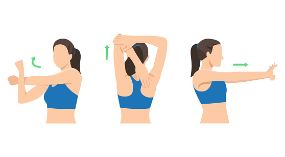 Woman stretching posture for aches treatment at shoulder, arm, neck and back. Flat vector illustration isolated on white background