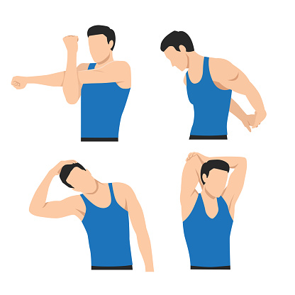 Man stretching her neck, arms and shoulders. hand. Flat vector illustration isolated on white background