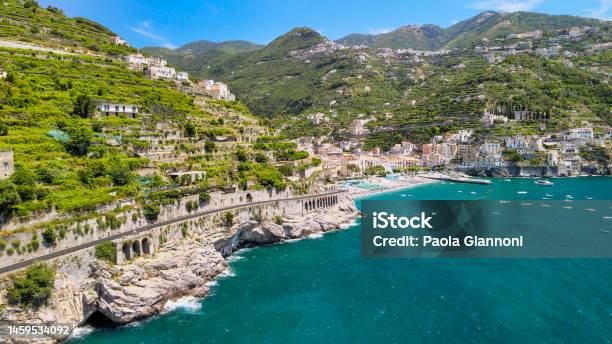 Aerial View Of Maiori And Minori Coastline In The Amalfi Coast In Summer Season Campania Italy Stock Photo - Download Image Now