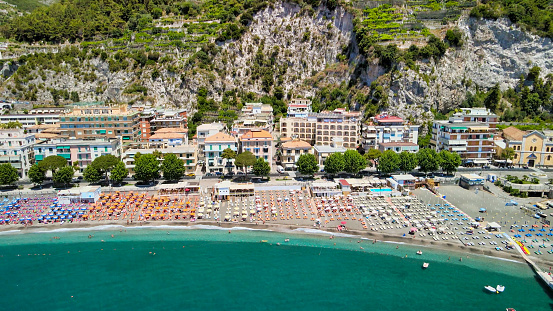 Aerial view of Maiori and Minori coastline in the Amalfi Coast in summer season, Campania - Italy