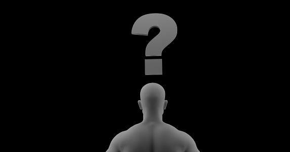 silhouette of a man's head, with a question mark over his head, on a black background, abstraction, 3d