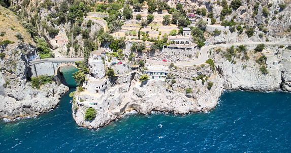 Aerial view of Furore Bridge in the Amalfi Coast in summer season, Campania - Italy