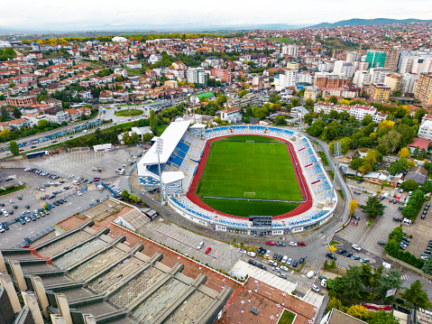 Pristina, Kosovo - September 29, 2022: Fadil Vokrri Stadium. Pristina City Aerial View, Capital of Kosovo. Balkans. Europe.