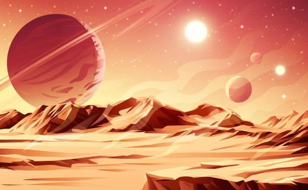 Desert Planet Illustration of a barren desert landscape on an alien planet with rock formations, hills, mountains and steam coming out of the ground. In the background is a bright red sky full of stars, planets and suns. Vector illustration with space for text. extrasolar planet stock illustrations