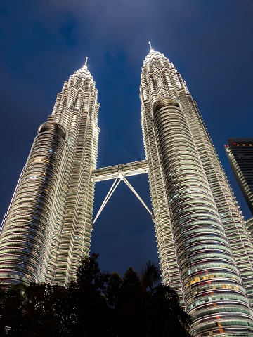 Malaysia. January 1, 2023. Night view of the Petronas Twin Towers or KLCC in Kuala Lumpur.