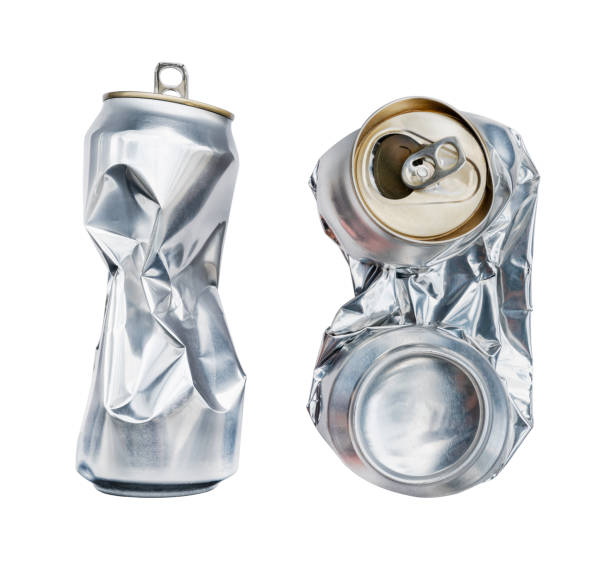 istock Flat compressed shiny aluminum can isolated on white background with clipping path 1459539134