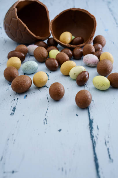 istock Easter composition with chocolate eggs on blue wooden background 1459540444