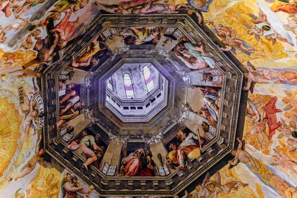 Frescoes inside the Brunelleschi dome of the Duomo Cathedral in Florence, Italy Florence, Italy - June 03, 2022: Judgment Day fresco inside the Brunelleschi dome cupola of the Duomo Cathedral or Cattedrale di Santa Maria del Fiore filippo brunelleschi stock pictures, royalty-free photos & images