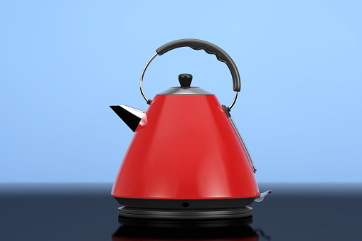 Modern Red Electric Kitchen Kettle on a blue background. 3d Rendering