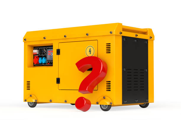 Big Yellow Outside Auxiliary Electric Power Generator Diesel Unit for Emergency Use with Red Question Mark. 3d Rendering Big Yellow Outside Auxiliary Electric Power Generator Diesel Unit for Emergency Use with Red Question Mark on a white background. 3d Rendering glitch generator stock pictures, royalty-free photos & images