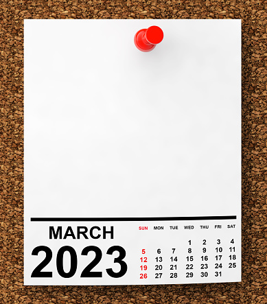 Calendario de marzo de 2023 en papel de nota en blanco. Renderizado 3D photo