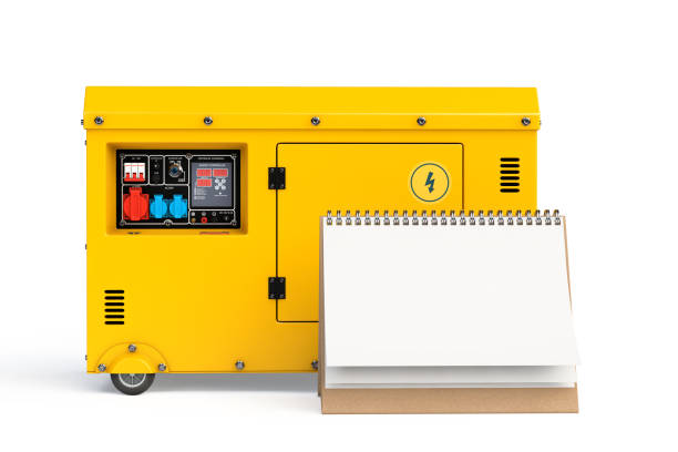 istock Big Yellow Outside Auxiliary Electric Power Generator Diesel Unit for Emergency Use with Blank Paper Desk Spiral Calendar. 3d Rendering 1459542198