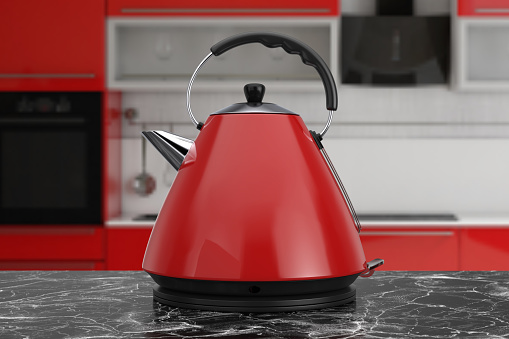 Modern Red Electric Kitchen Kettle on a black marble table 3d Rendering