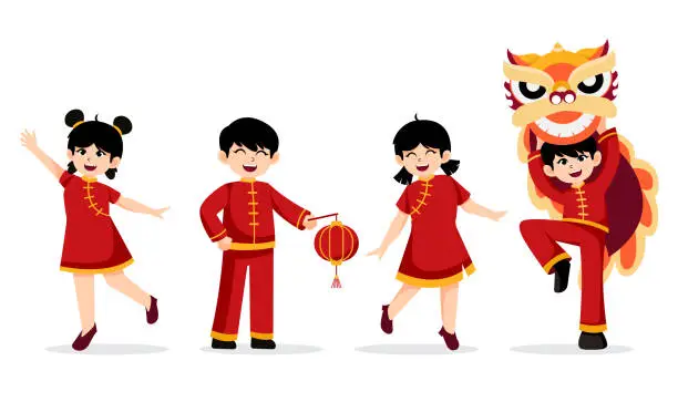 Vector illustration of Chinese boy and girl celebrate chinese new year with lantern and lion dance. Cheerful Asian kids