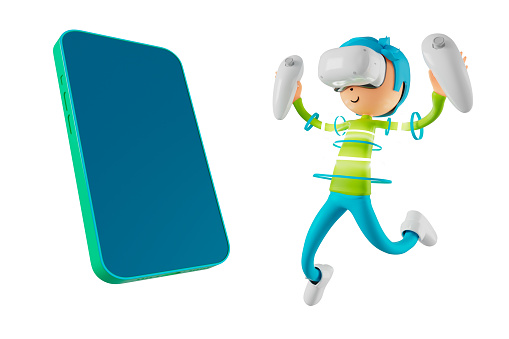 3d boy cartoon character in action with clipping path. 3d illustrator. sport activity. exercise fitness. workout training lifestyle. man player. technology VR. gym outdoor. cyberspace object concept.