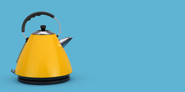 Modern Yellow Electric Kitchen Kettle on a blue background. 3d Rendering