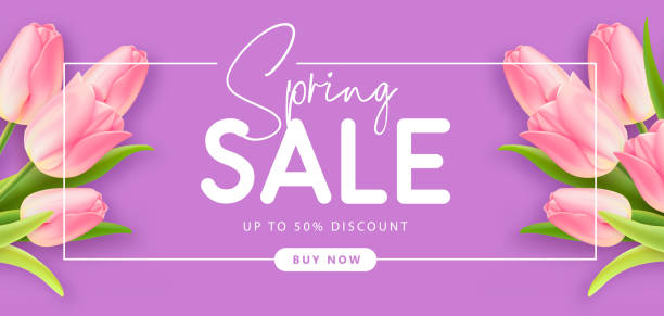 Spring big sale poster with realistic full blossom tulips on purple background. Vector illustration Spring big sale poster with realistic full blossom tulips on purple background. Vector illustration bouquet backgrounds spring tulip stock illustrations