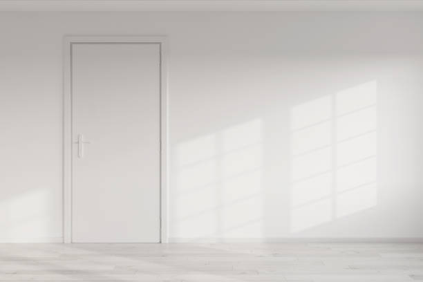 istock Closed White Door on a White Wall in Empty Room. 3d Rendering 1459544135