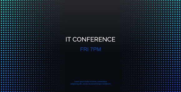 Conference vector template. Abstract dotted black background for IT conference business meeting. Banner for social media announcement