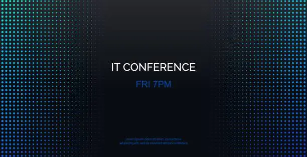 Vector illustration of IT conference vector template. Abstract halftone dotted black background for business meeting. Banner for social media announcement