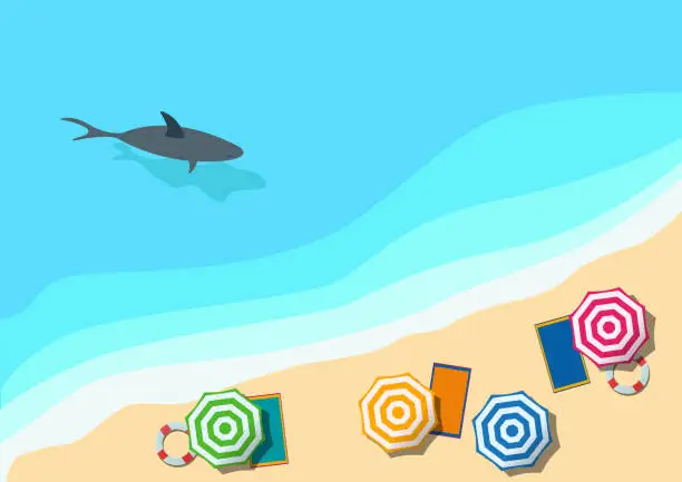 Vector illustration of A shark swimming near beach with umbrellas, summer illustration