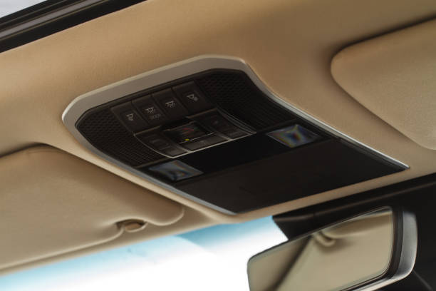 istock Car ceiling lamp in a car. Modern car interior lights close-up. 1459546150