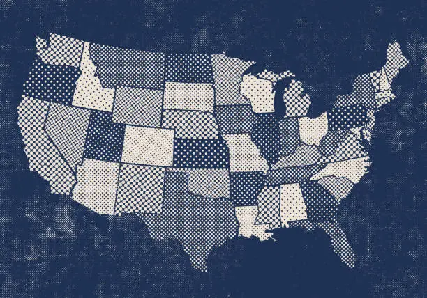 Vector illustration of USA states map with halftone dots texture - dark blue