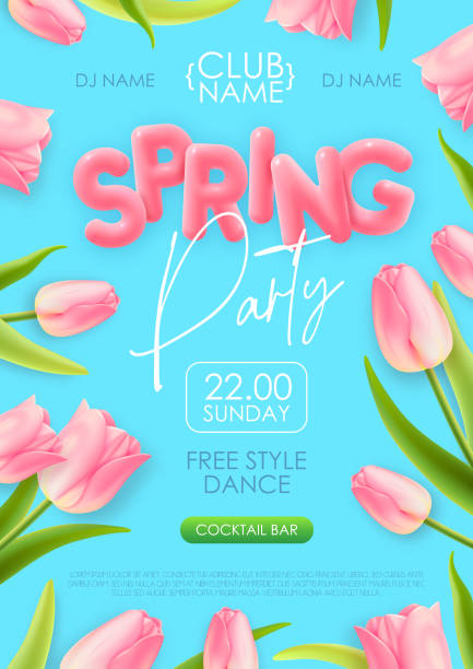 frühlingsdisco-party-typografie-poster mit realistischen vollblütentulpen und 3d-text auf blauem hintergrund. vektorillustration - flower white tulip blossom stock-grafiken, -clipart, -cartoons und -symbole