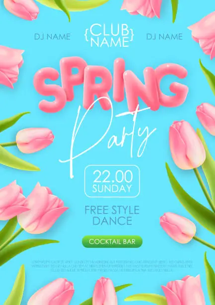 Vector illustration of Spring disco party typography poster with realistic full blossom tulips and 3d text on blue background. Vector illustration