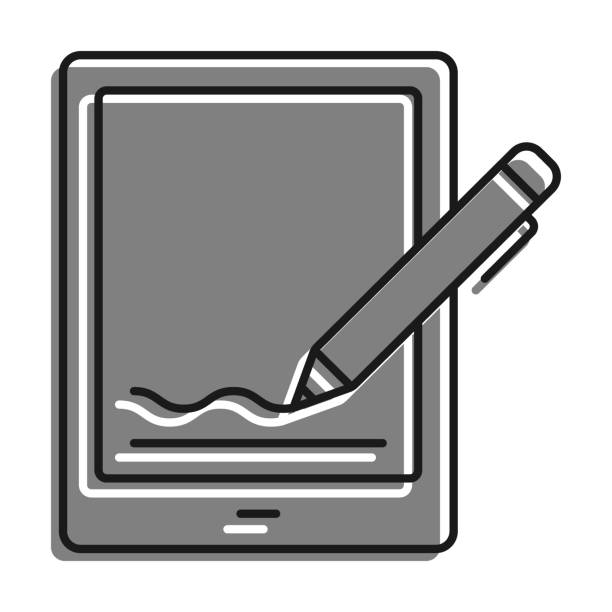 liniowa wypełniona szarą ikoną. pióro elektroniczne cyfrowo podpisuje ekran tabletu. używanie podpisów cyfrowych w dokumentach elektronicznych. prosty czarno-biały wektor izolowany na białym plecach - digital tablet digitized pen laptop black stock illustrations