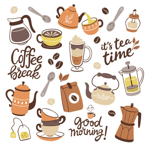 다채로운 커피와 차 격리 클립 아트. 세트 2/2. - tea tea crop coffee afternoon tea stock illustrations