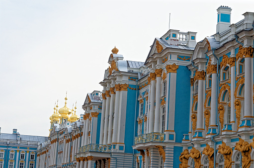Facade of The Catherine Palace. Located In The Town Of Tsarskoye Selo (Pushkin), St. Petersburg, Russia. 24th of June 2011
