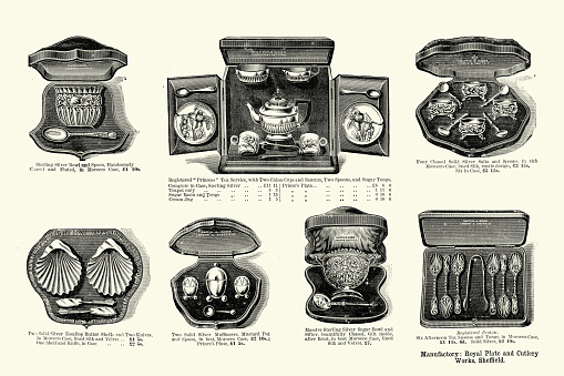Vintage illustration Victorian Tea sets, Cutlery, Sheffield Silverware, 1891, 19th Century. Mappin and Webb