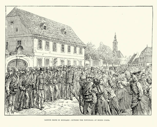 Vintage illustration Labour riots in Hungary, Soldiers guarding the townhall at Bekes Csaba , 1891, 19th Century