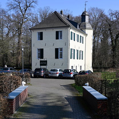 Nettetal, March 5, 2022 - The small castle Haus Bey, former knight's estate, in Nettetal-Hinsbeck, Lower Rhine Area.