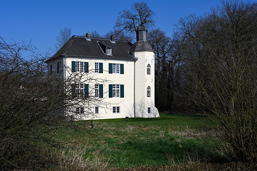 Sarzeau, Morbihan, France - 12th August 2023: Drone point of view still image of Château de Suscinio or de Susinio, the residence of the Dukes of Brittany built in the late Middle ages.