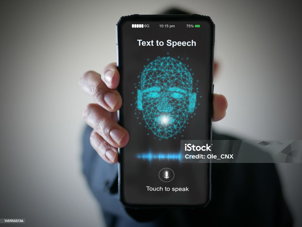AI speaks and imitates the human voice, text-to-speech or TTS, speech synthesis applications, generative Artificial Intelligence, and futuristic technology in language and communication. Pronunciation Stock Photo