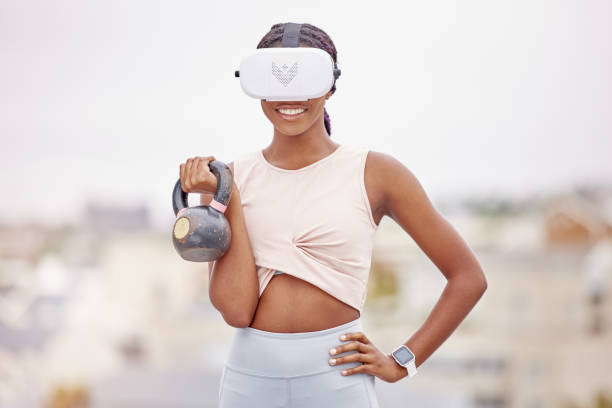 istock Woman, kettlebell or virtual reality headset in workout, training or exercise in city on fitness software, esports or metaverse challenge. Smile, happy or sports person in vr futuristic weightlifting 1459555228