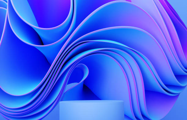 istock Neon, blue and pink podium background with abstract wavy cloth, folded fabric 1459555491