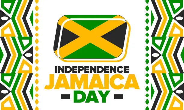 Vector illustration of Jamaica Independence Day. Independence of Jamaica. Holiday, celebrated annual in August 6. Jamaica flag. Patriotic element. Poster, greeting card, banner and background. Vector illustration