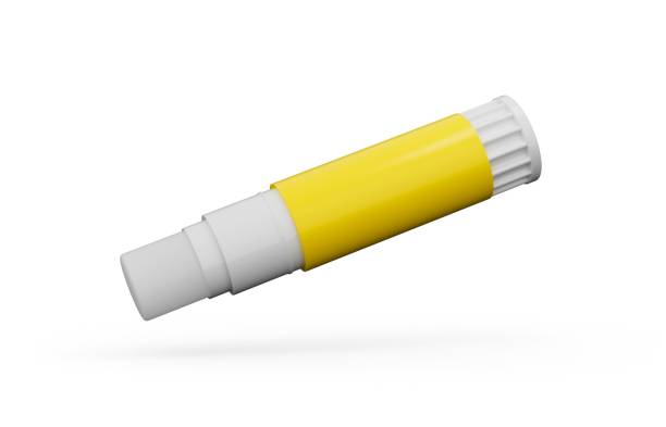 白い背景に空中の黄色い接着剤スティックの3dレンダリング - glue white education craft ストックフォトと画像