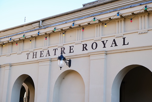 Bury St Edmunds, United Kingdom – August 12, 2022: The Theatre Royal entrance in Bury St Edmunds, Suffolk, England