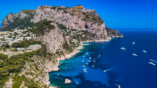 Aerial view of beautiful summer coastline from drone, Capri, Italy