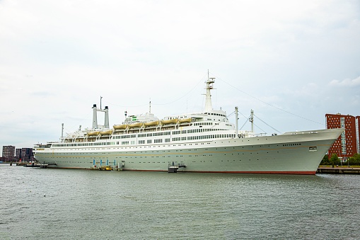 Rotterdam, Netherlands – June 14, 2020: The steam ship SS-Rotterdam on a cloudy day, the Netherlands, Rotterdam.