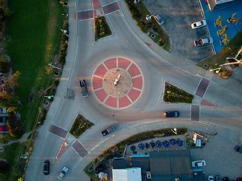 Englewood, United States – November 01, 2022: An aerial view of a roundabout with cars