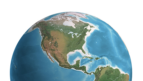 High resolution satellite view of Planet Earth, focused on North and Central America, Mexico, USA, Canada, Alaska and Greenland - 3D illustration (Blender software), elements of this image furnished by NASA (https://eoimages.gsfc.nasa.gov/images/imagerecords/147000/147190/eo_base_2020_clean_3600x1800.png)