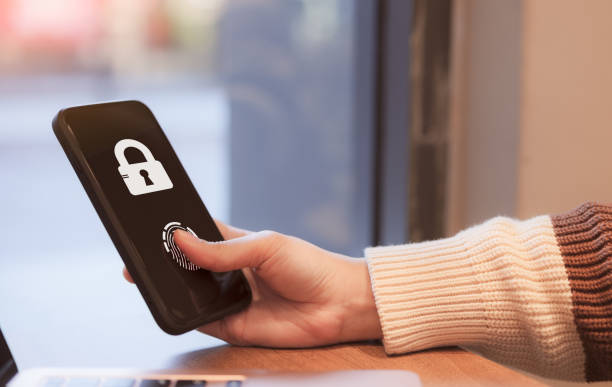 istock Cybersecurity concept. User log in to access smartphone. Biometric identification fingerprint username and password user authentication system. encryption confidential, information security, 1459564011