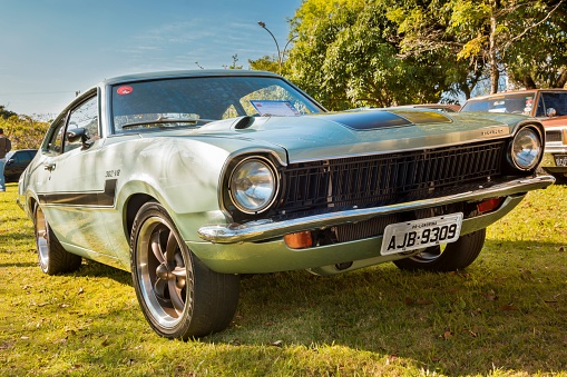 Londrina, Brazil – October 18, 2022: Vehicle Ford Maverick 1979 on display at vintage car fair. Manufactured in Brazil between 1973 and 1979.